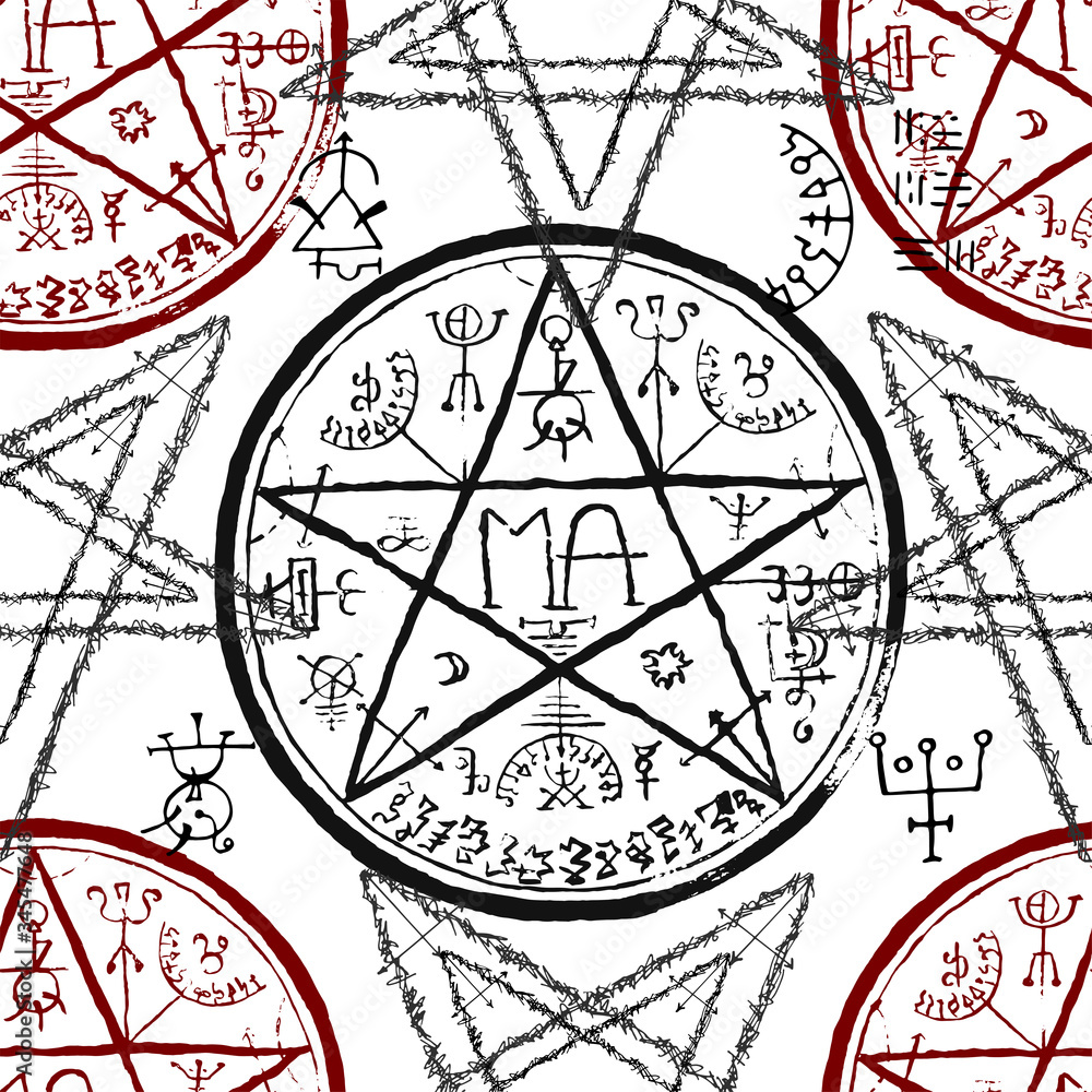 Wall mural Seamless pattern with pentagram and mystic symbols on white.  Halloween line art vector illustration. Esoteric, occult and gothic background