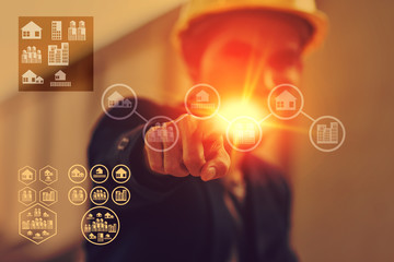 Businessman touch on graphic building estate construction working technology business