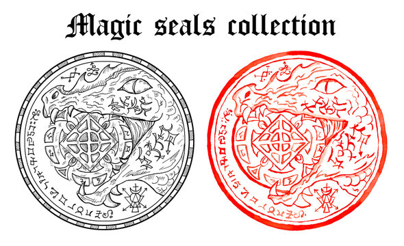 Design Set Of Magic Seals With Snake Holding Pentacle Coin And Mystic Symbols.