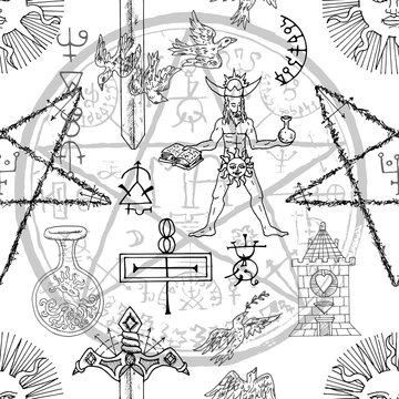 Seamless pattern with alchemy and mystic symbols on white.  Halloween line art vector illustration. Esoteric, occult and gothic background