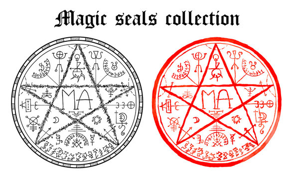 Design set of magic seals with pentagram and mystic symbols isolated on white.