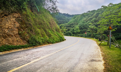 Background material of asphalt road in natural forest, road of automobile advertisement.