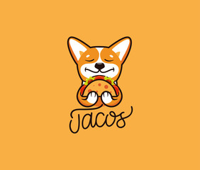 The logo funny corgi eats taco. Cute dog, cartoon character, food logotype