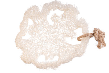 Loofah sponge close up isolated on white. Luffa sponge, fiber scrubber, cleansing beauty product.