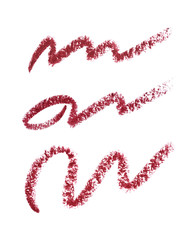 Set eyeliner, eyebrow burgundy pencil trace smear smudge stroke isolated. Makeup eye liner pencil collection.