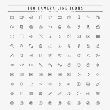 100 camera minimal line icons collection