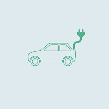 Electric Car Green Icon. Vector Outline Simple Flat Symbol