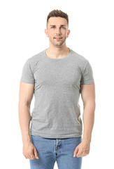 Fototapeta premium Man in stylish t-shirt on white background