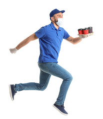 Male courier of food delivery service in medical mask on white background