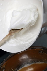 Transfer whisked egg whites into pan with filling mixture. Making Cider Pie Series.