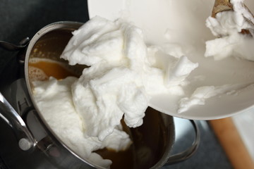 Transfer whisked egg whites into pan with filling mixture. Making Cider Pie Series.