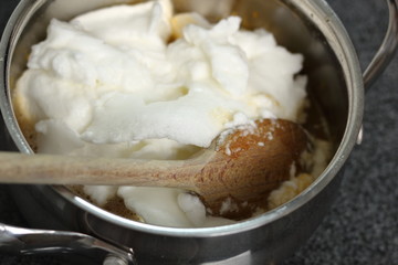 Fold whisked egg whites and filling mixture. Making Cider Pie Series.