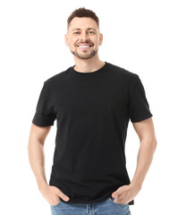 Man in stylish t-shirt on white background