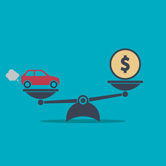 car and money on scales icon. scales with car and dollar coin in flat style. buying car concept. vector symbol