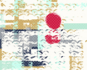Bright distressed art background in geometric japanese modern grungy style. Abstract landscape background with sun, asian fish scales, waves pattern