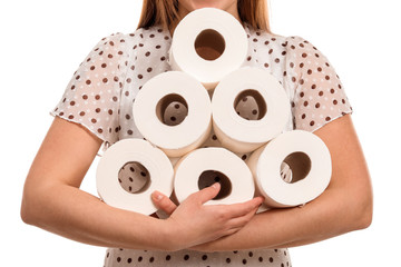 Woman with heap of toilet paper on white background. Concept of coronavirus epidemic