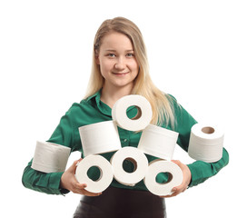 Woman with heap of toilet paper on white background. Concept of coronavirus epidemic