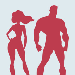 Superhero Couple. silhouette man and woman superheroes. vector illustration in red color