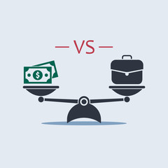 money dollar vs briefcase on scale. vector symbol in flat style