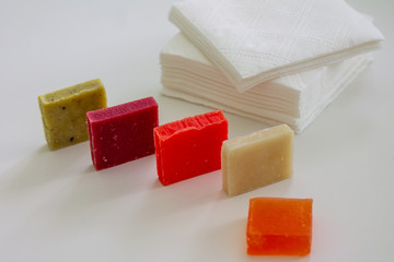 Pieces of handmade soap, paper napkins