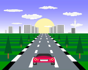 Old pixel race computer game. Sports car rides on the highway against the backdrop of the cityscape.