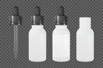 Vape or cosmetic bottle with pipette. White open and closed vial with label. Realistic vector mockup.