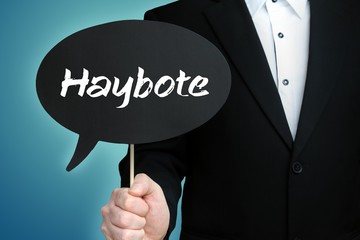 Haybote. Lawyer in suit holds speech bubble at camera. The term Haybote is in the sign. Symbol for law, justice, judgement