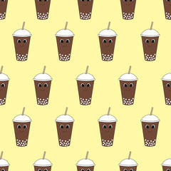 Seamless pattern with cute cartoon bubble tea. Vector illustration.