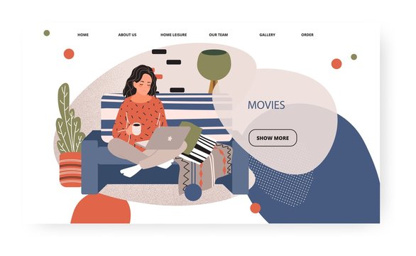 Young girl work with laptop sitting on sofa and drink coffee. Freelancer home office concept illustration. Vector web site design template. Landing page website illustration.