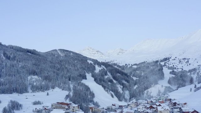 Drone Flying over winter landscape in Serfauf