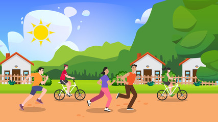 Men and women dressed in sportswear jogging or running through park. Sports competition, outdoor workout exercise. Healthy active lifestyle. Flat cartoon colorful vector illustration.