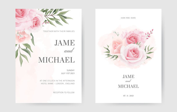 Wedding Invitation Cards In Pink Roses And Green Eucalyptus Leaves. Set In A Minimal Style.