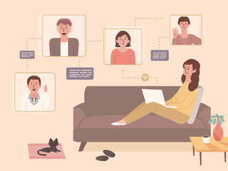 Women using a video conference with a laptop to meeting her business team from home. Illustration new normal of the world. People contract with partners and work from home with wi-fi.