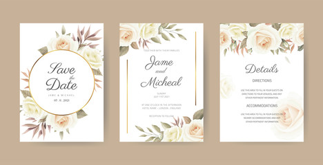 Fototapeta na wymiar Vintage wedding invitation card set. Elegant flower bouquet. A white rose painted with watercolor eucalyptus leaves with a golden frame.