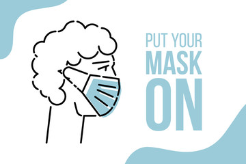 Put Your Mask On. Covid-19, coronavirus disease prevention concept with protective medical face mask. Vector illustration. 