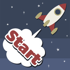 Naklejka premium Rocket flying in space with stars on background and speech bubble. 