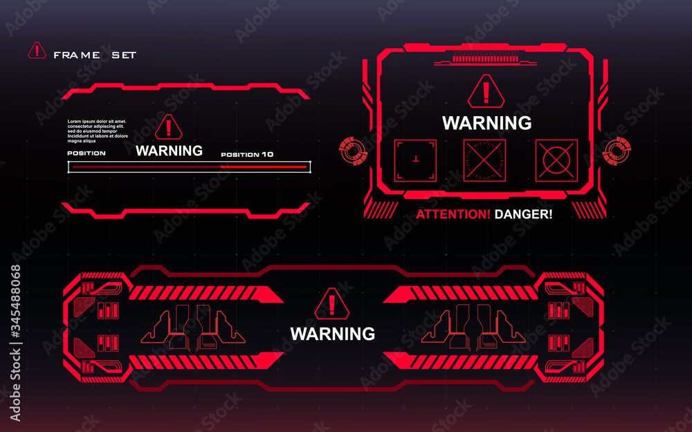 Poster attention danger set of red frames with text warning danger alarm pop-up screens with hud, gui, ui e