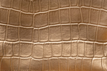 Golden snake skin pattern imitation made of faux leather. Crocodile skin surface texture made from artificial leather.