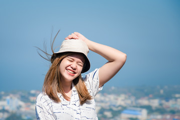 Woman relax at sea viewpoint in concept travel