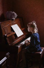 
the girl plays the piano and her friend cat is watching her closely