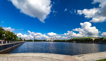 View of the city pond in summer