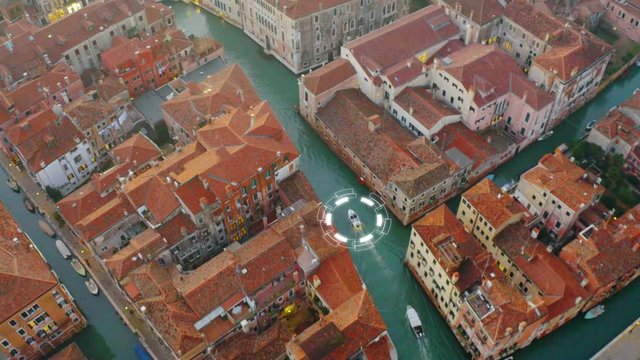 Tracking a white boat driving in a small channel, in Venice city, Italy - 3d motion graphics animation - Aerial drone view