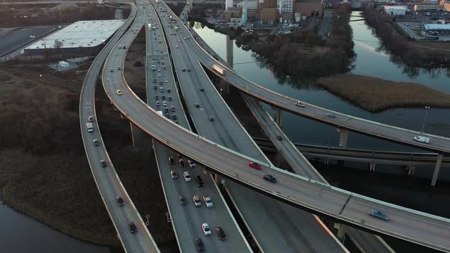 Baltimore, Maryland USA, Aerial View of I-95 and I-395 Highway Elevated Interchange and Overpass in Twilight