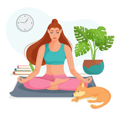 Obraz na płótnie Canvas Young woman sits in the lotus position and meditating at home. The concept of yoga, meditation and relax. Health benefits for the body, mind and emotions. Flat vector illustration.