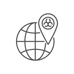 Outbreak virus world related vector thin line icon. Location Sign with Biohazard on a globe. Isolated on white background. Editable stroke. Vector illustration.