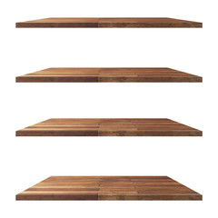 4 Wood shelves table isolated on white background and display montage for product.