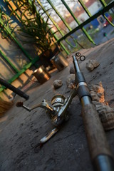  fishing rod and shells on the balcony