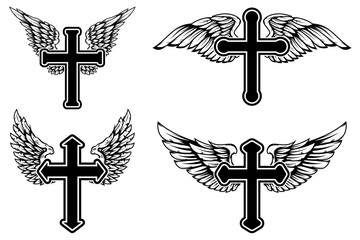 Set of illustrations of winged christian religious crosses. Design element for infographic, emblem, sign, poster, car, banner. Vector illustration