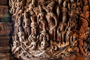wooden historic carving texture at door in temple .