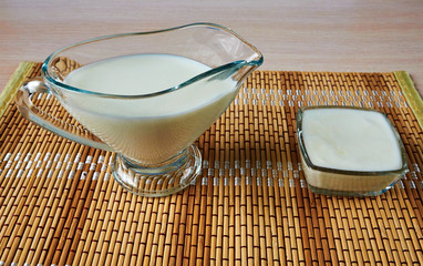 Glass with milk and a bowl with kefir